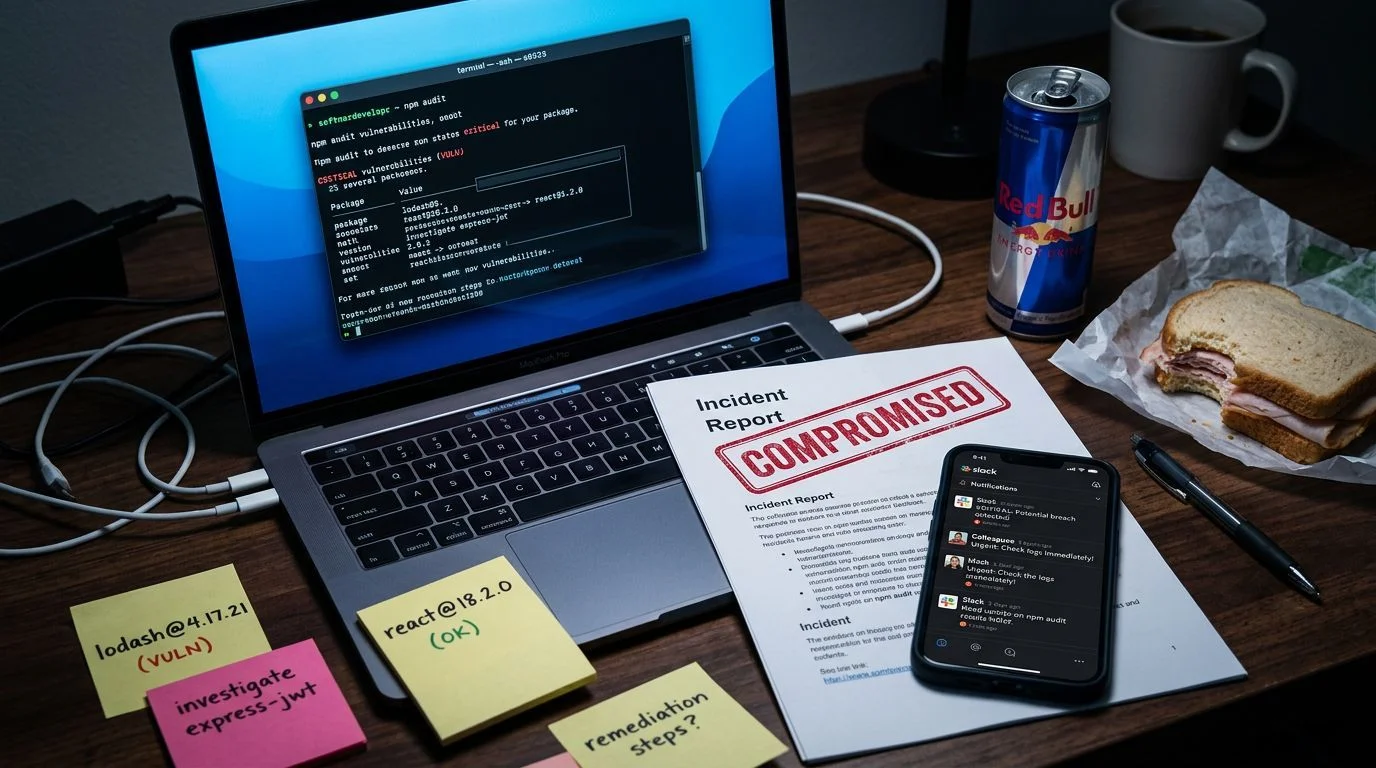CI pipeline compromise visualization — npm install triggering silent malware delivery