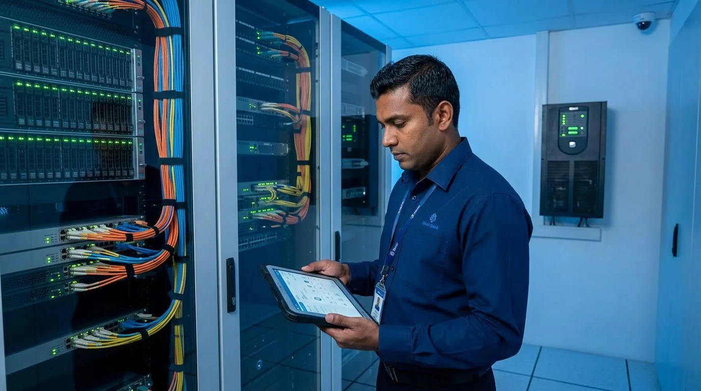 South Asian IT security officer inspecting banking server room infrastructure with tablet in a secure data center