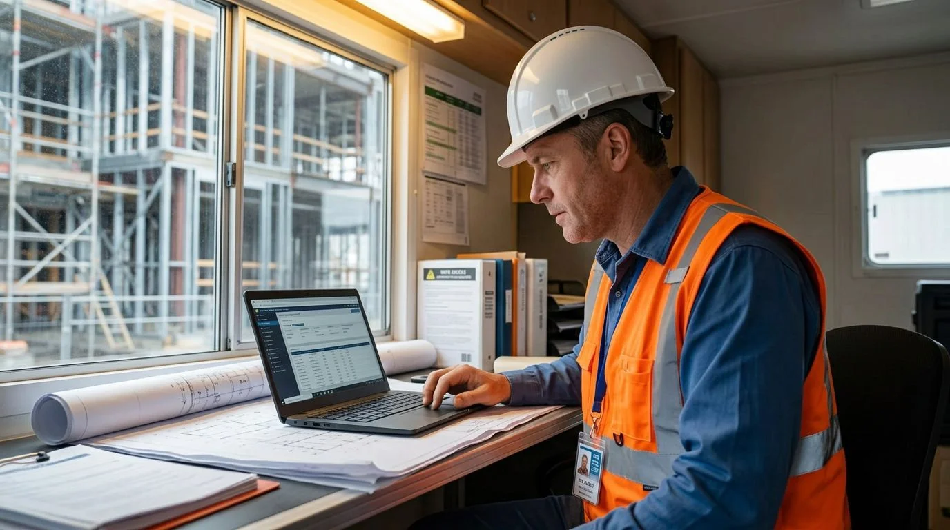 Construction project manager in hard hat and hi-vis vest reviewing a laptop at a job-site desk inside a construction trailer
