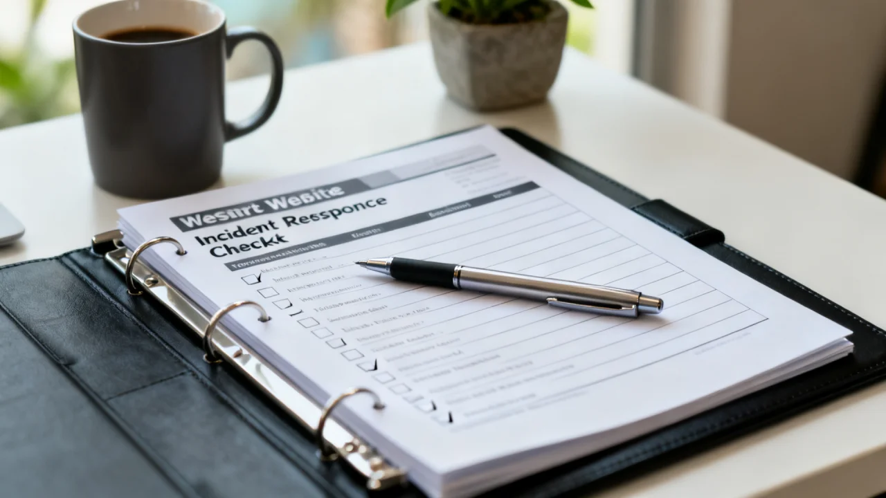 A printed website incident-response checklist in a ring binder on a resort back-office desk