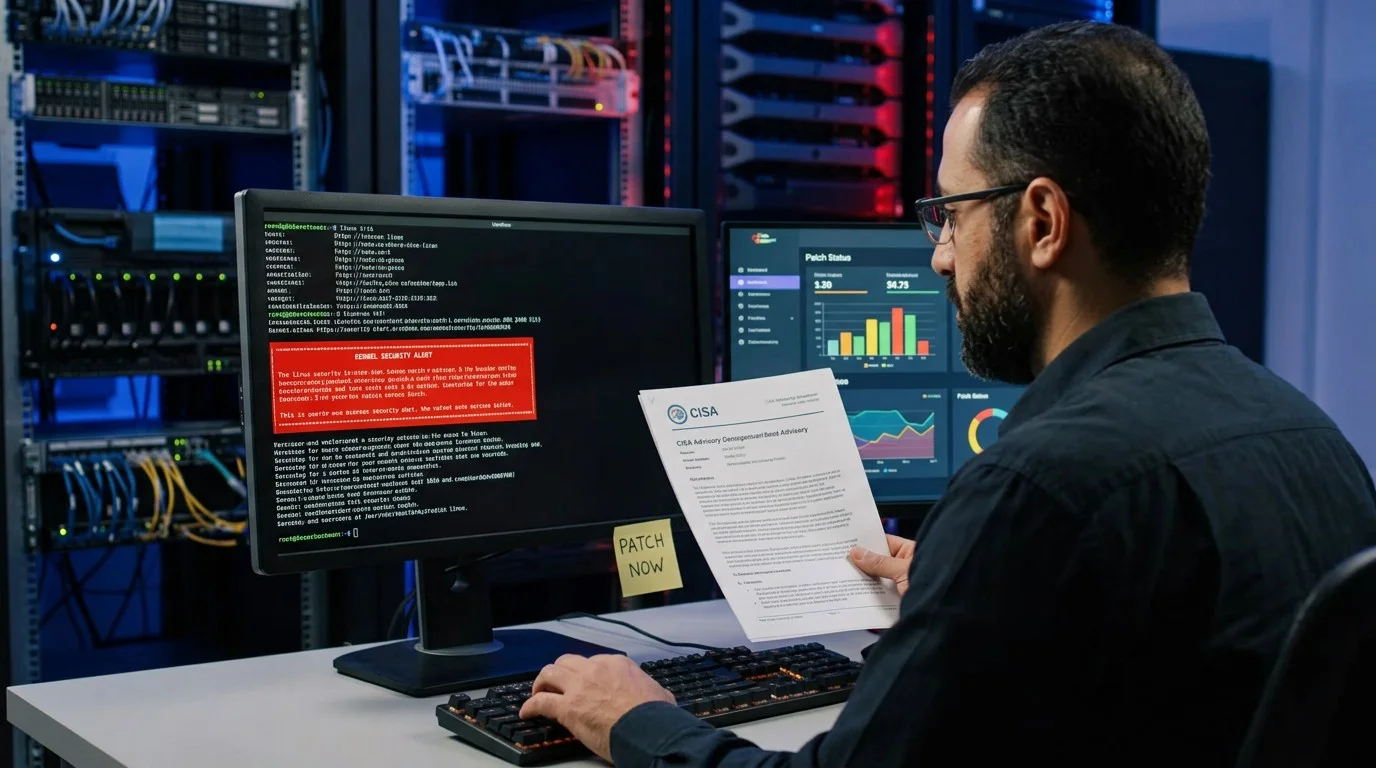 Security engineer reviewing CISA advisory for CVE-2026-31431 Linux kernel vulnerability