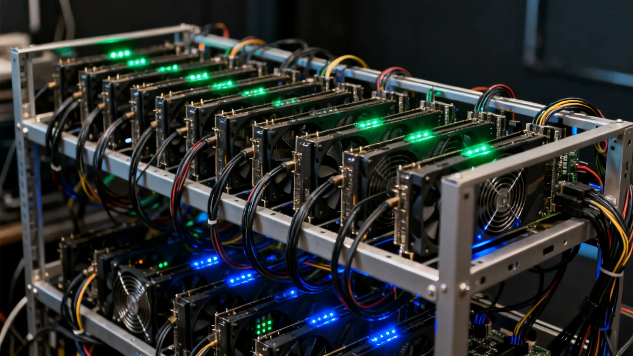 A 45-GPU password-cracking rig with rows of graphics cards in an open-frame chassis, cabling and cooling fans, status LEDs glowing in a dark room