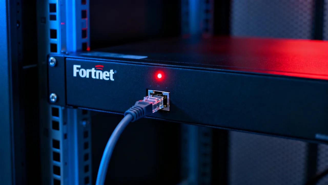Fortinet FortiGate firewall in a server rack with a red status LED during the FortiBleed credential breach