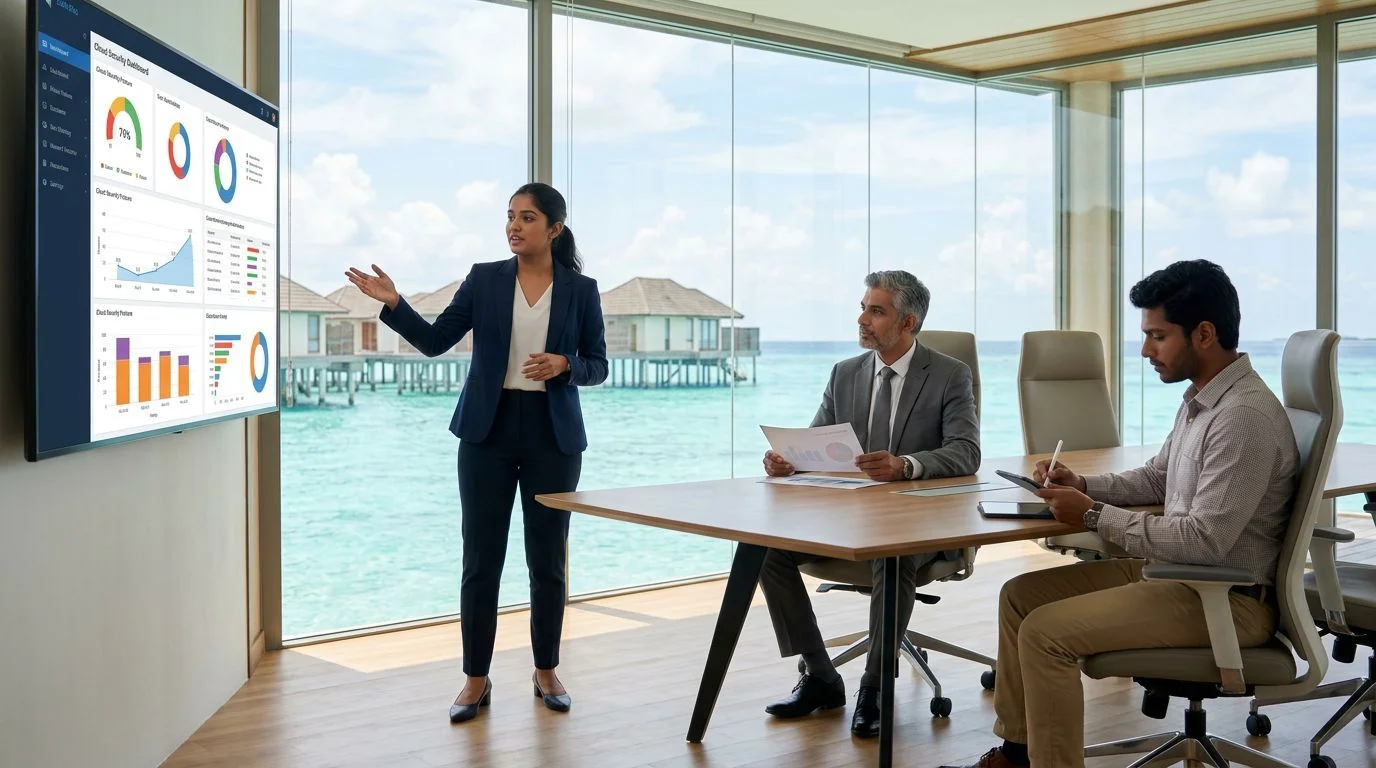 Business professionals collaborating on cloud security strategy