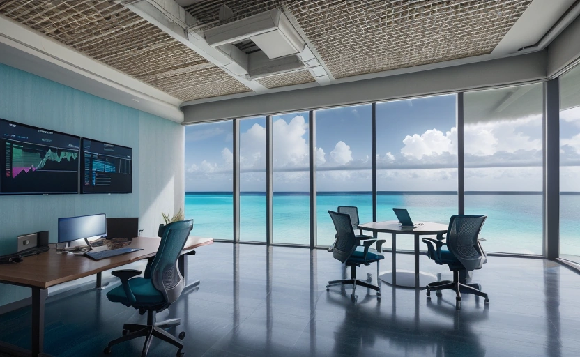 Cybersecurity consulting workspace with Maldives ocean view